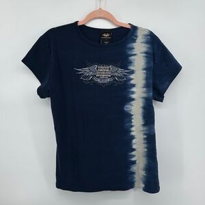 VTG Y2K BikerGrunge Festival cottonNavy Winged Graphic Tee w/Tie-Dye Accent SzXL